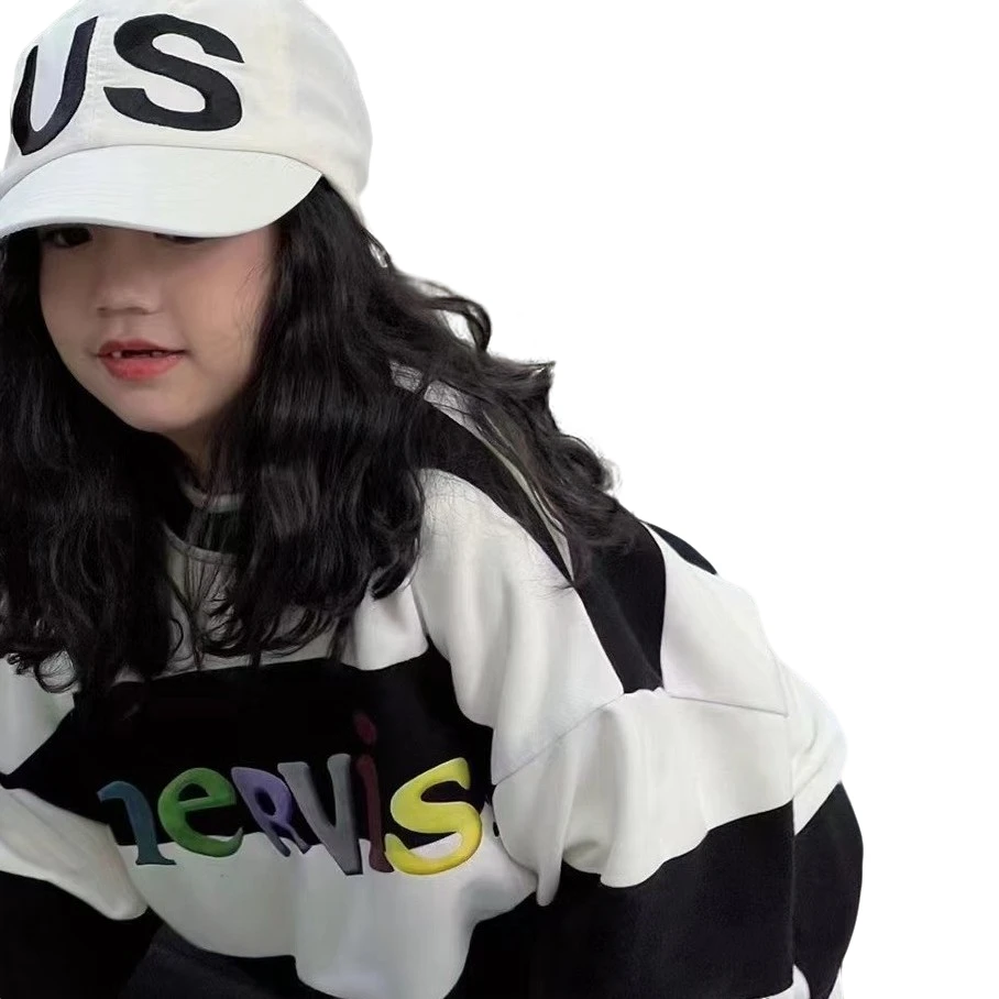 印花刺绣球帽欧美风白色运动风情侣运动条纹套头百搭卫衣圆领