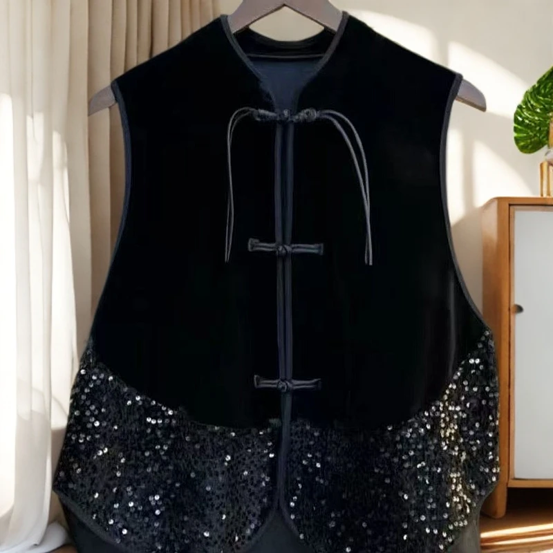 佳琪国风中式马甲2025新款高级盘扣拼接亮片无袖背心丝绒外套马夹