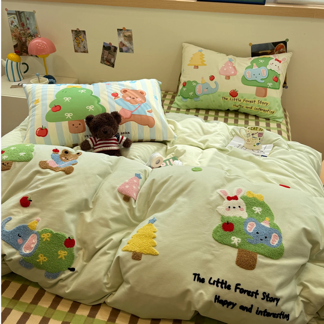 可爱卡通毛巾绣全棉磨毛四件套ins风加厚纯棉床单被套床上用品