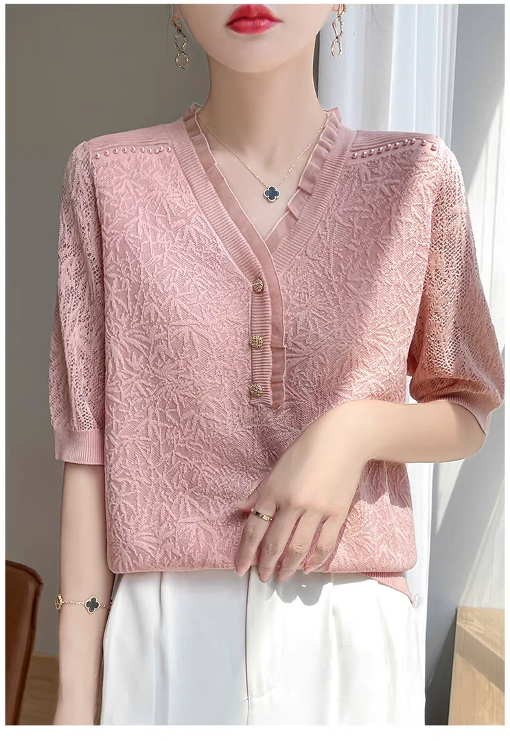 法式钩花镂空V领钉珠设计针织短袖t恤女休闲宽松百搭气质上衣