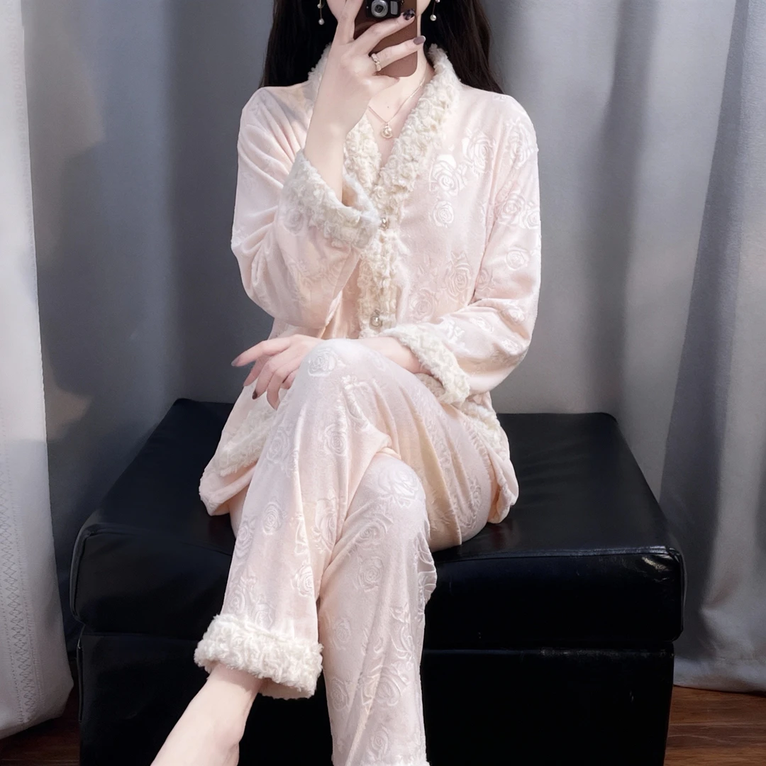 tpvl【羊羔绒】2025新款睡衣女冬季加绒加厚粉色保暖套装可外穿