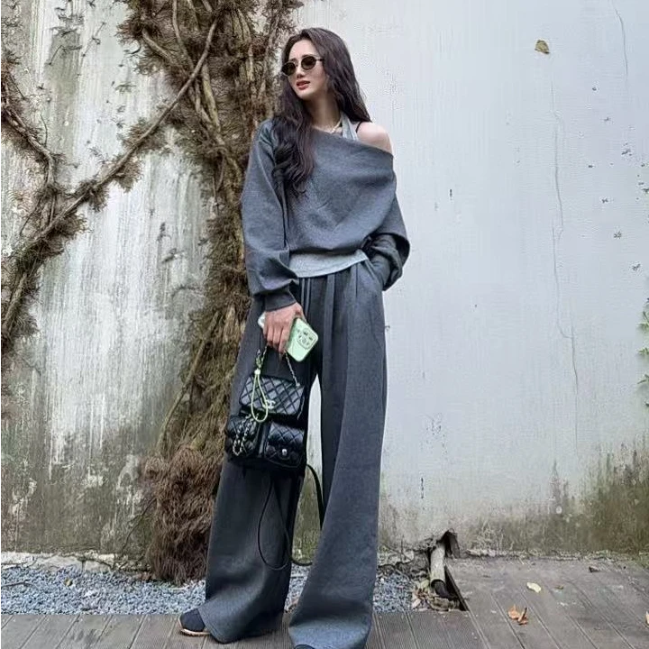 优雅气质休闲假两件长袖卫衣显瘦上衣➕高腰直筒裤时尚极简风套装