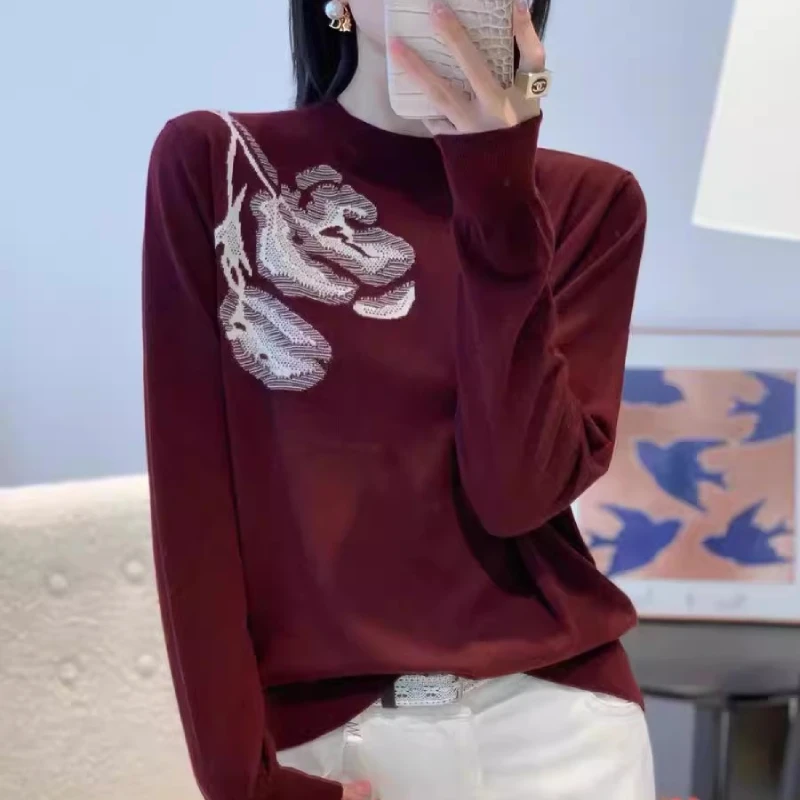 【花朵长袖-红】半高圆领内搭打底衫女肩部花朵针织衫毛衣秋冬新