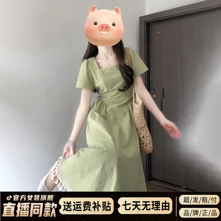 法式绿色连衣裙女2025新款夏季小个子气质绝美收腰显瘦长裙高级感