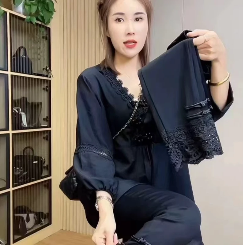 春季新款028高腰蕾丝拼接9分裤大码显瘦百搭款
