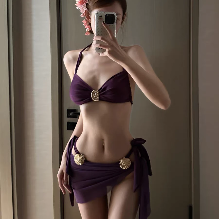 紫色纯欲风性感度假比基尼三件套高级感小众设计海边泳衣3203