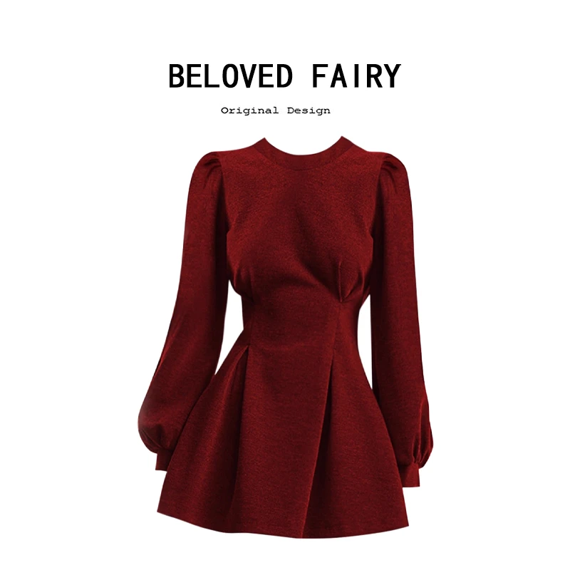 韩系富家千金感红色长袖连衣裙女秋冬穿搭气质收腰显瘦A字短裙子