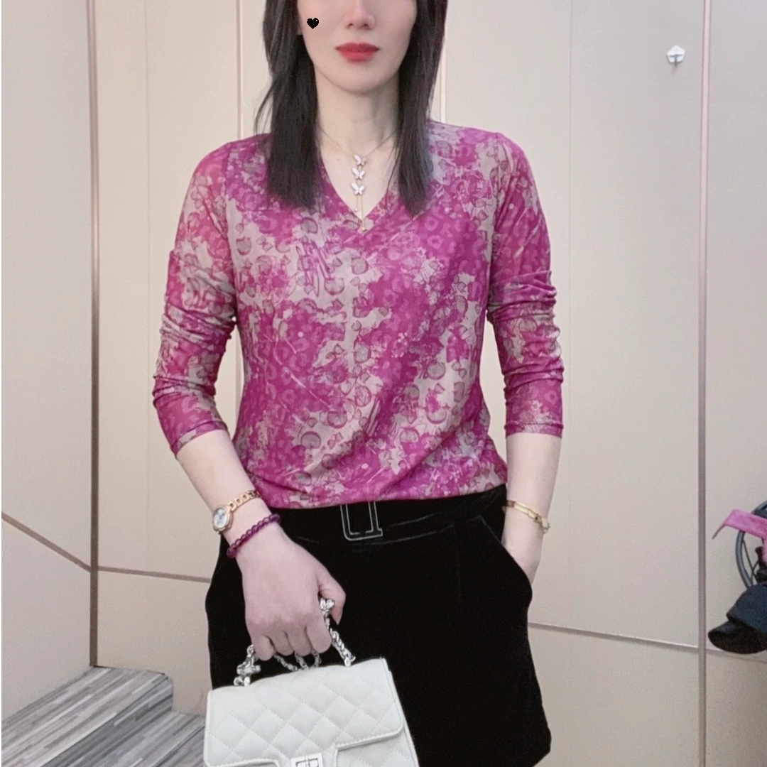 V领舒适透气琉璃纱t恤女2025春季新款洋气打底衫外穿紫罗兰宽松T