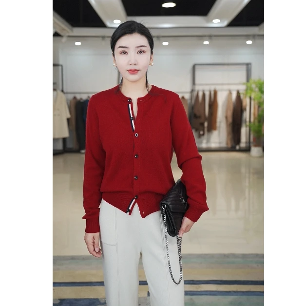 （彩条襟）100%纯羊毛衫女士毛衣开衫圆领加厚长袖针织外套 960