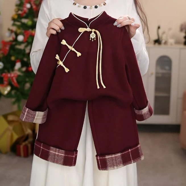 女童2025拜年服冬季新款中式加绒学院风安哥拉红长袖长裤套装0303