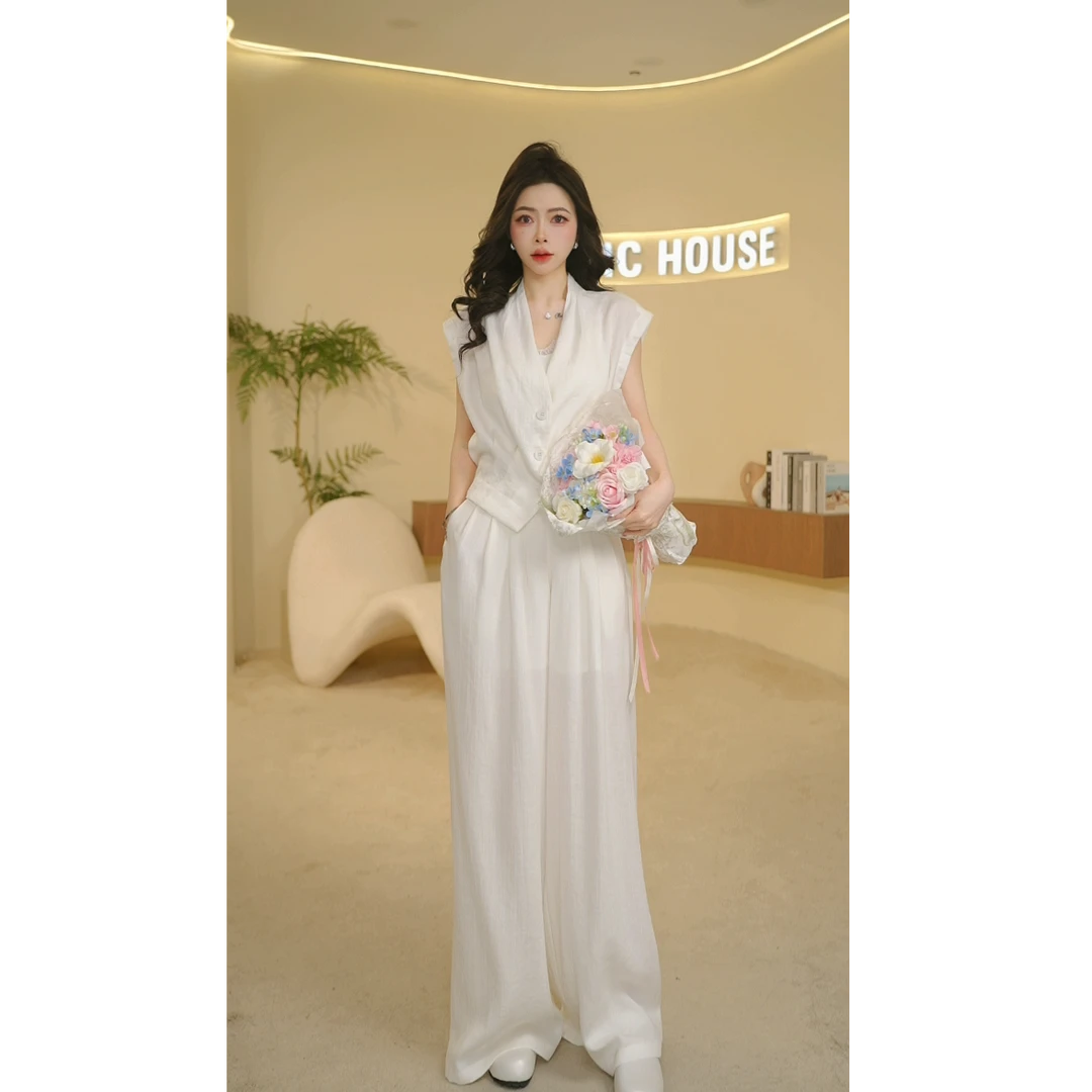 Basic House/百家好2025夏季时尚法式气质显瘦百搭上衣长裤套装