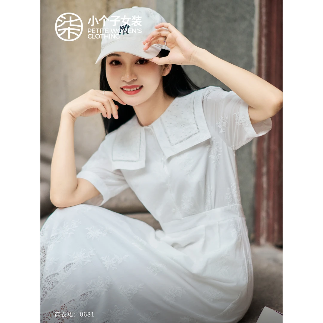 【柒量一裁】0681小个子白色镂空刺绣短袖连衣裙法式高腰110cm裙子