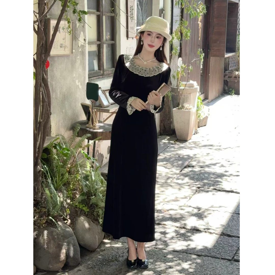 【留洋千金】LiLi宫廷风法式赫本复古波点黑色丝绒连衣裙 XMZH8429