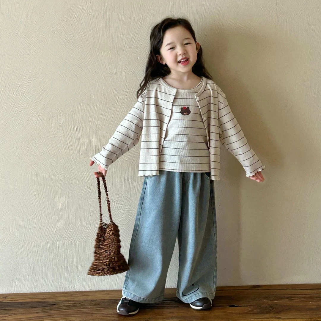 2025春季新品韩版童装女童条纹开衫+卡通条纹背心2件套童外套