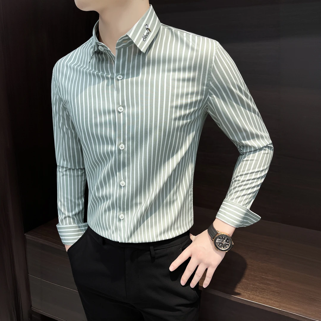 PinkAvril竖条纹男士长袖衬衫2025新款高端韩版修身秋季男款衬衣