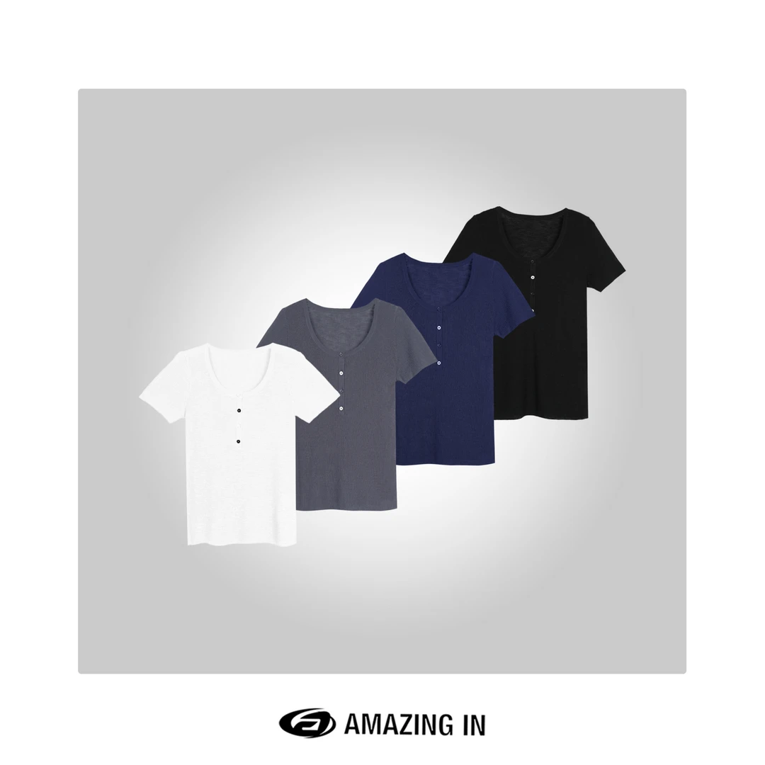 AMAZING IN | 排扣装饰 | 修身针织短袖上衣 A250225-RW-512762V