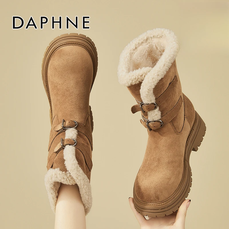 达芙妮雪地靴女防滑皮带扣中筒靴2025爆款加绒加厚东北保暖大棉鞋