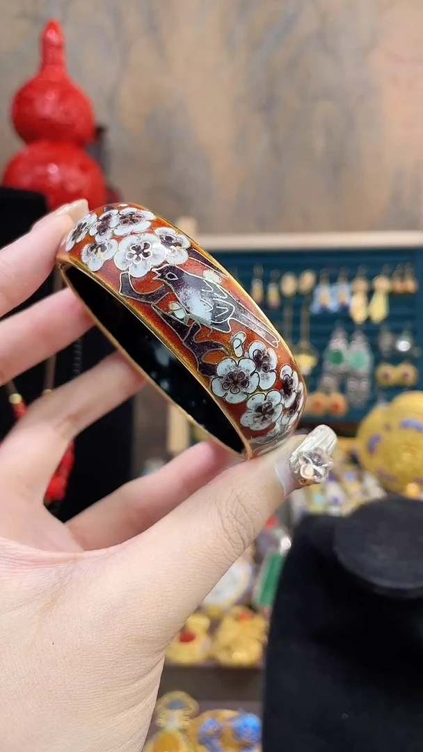 非遗手工景泰蓝开口银蓝镯子红色