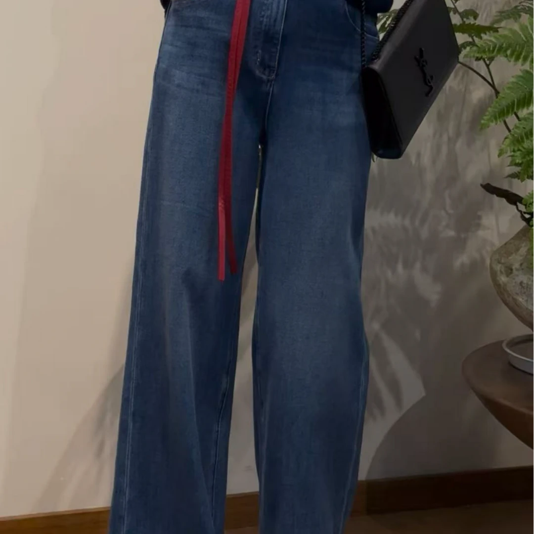 TANTAN 气质显瘦通勤百搭复古深蓝直筒阔腿牛仔裤2815