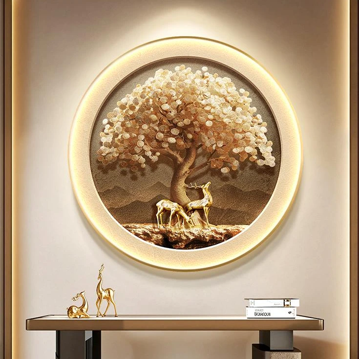 新中式麋鹿玄关装饰画发财树轻奢大气客厅挂画高级感餐厅圆形壁画