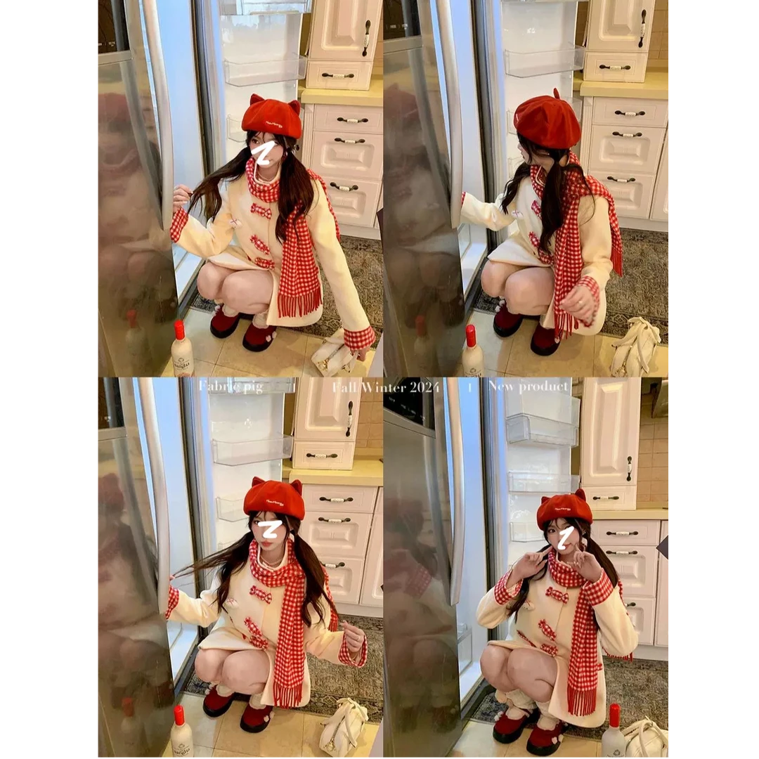 【糖果甜心】少女甜美风毛呢套装女秋冬新年氛围红色格纹短裙