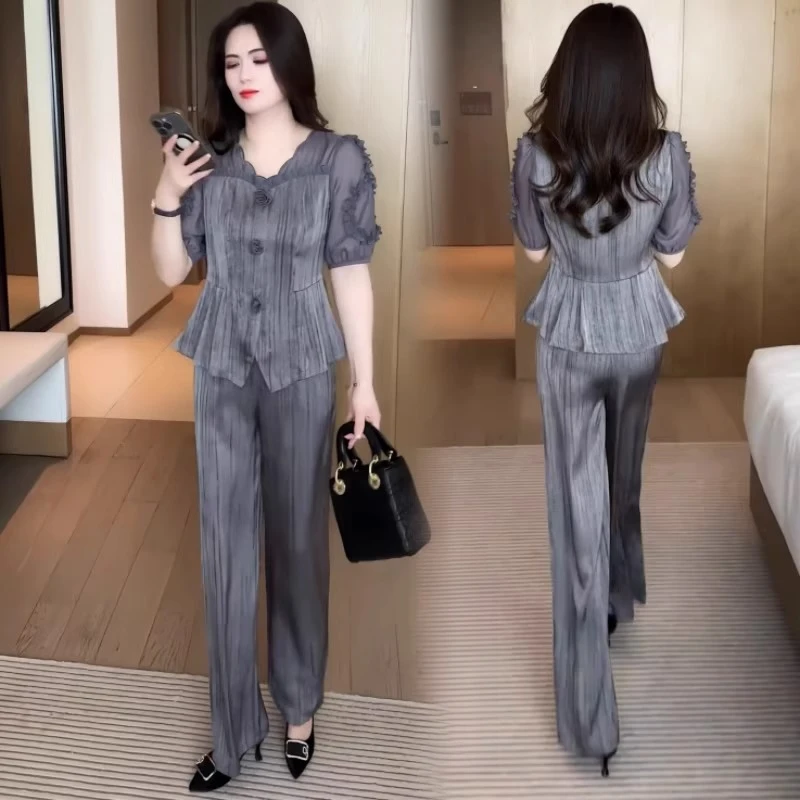 新中式时尚套装女士夏季新款洋气V领木耳边短袖上衣阔腿裤两件套