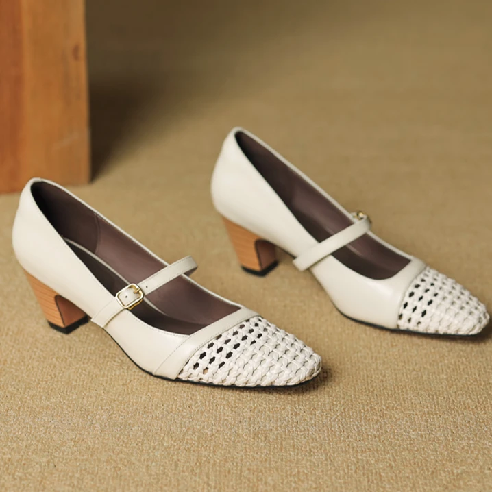 牛皮5.5公分/法式编织镂空一字带中跟单鞋真皮舒适复古气质凉鞋女