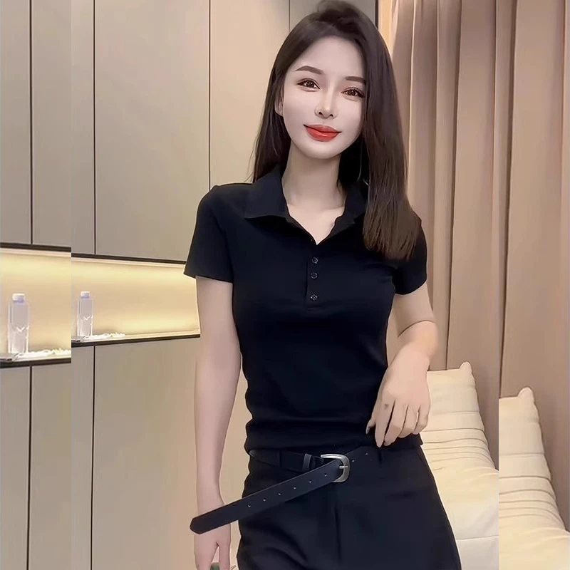 黑色POLO领短袖2025夏季新款T恤欧货时尚百搭修身显瘦正肩女
