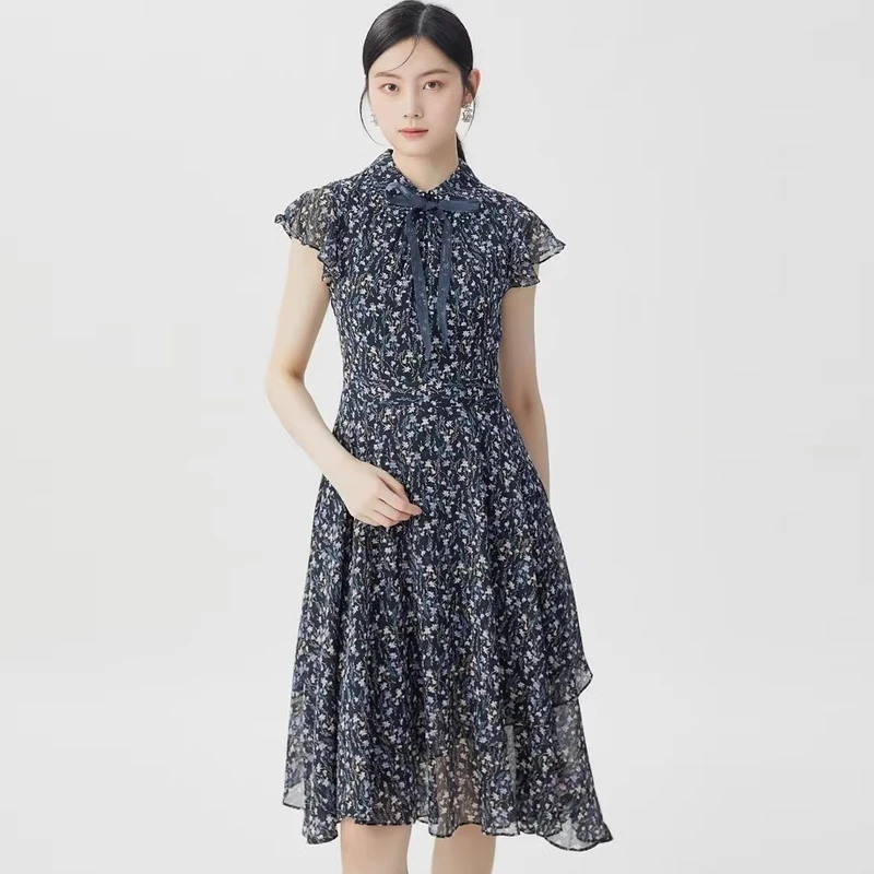 哥弟阿玛施正2025新款polo领飘带碎花收腰小飞袖短袖雪纺连衣裙女