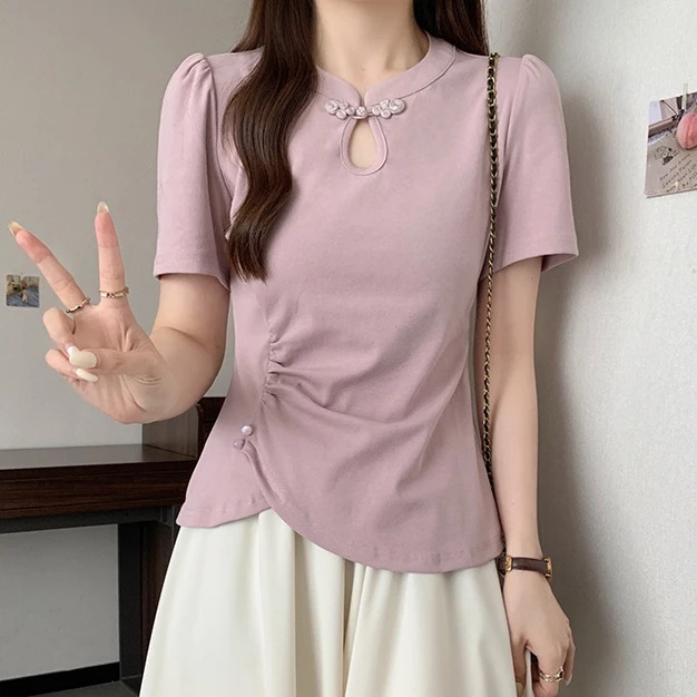夏季2025年新款女纯色简约百搭设计感新中式镂空盘扣短袖T恤上衣
