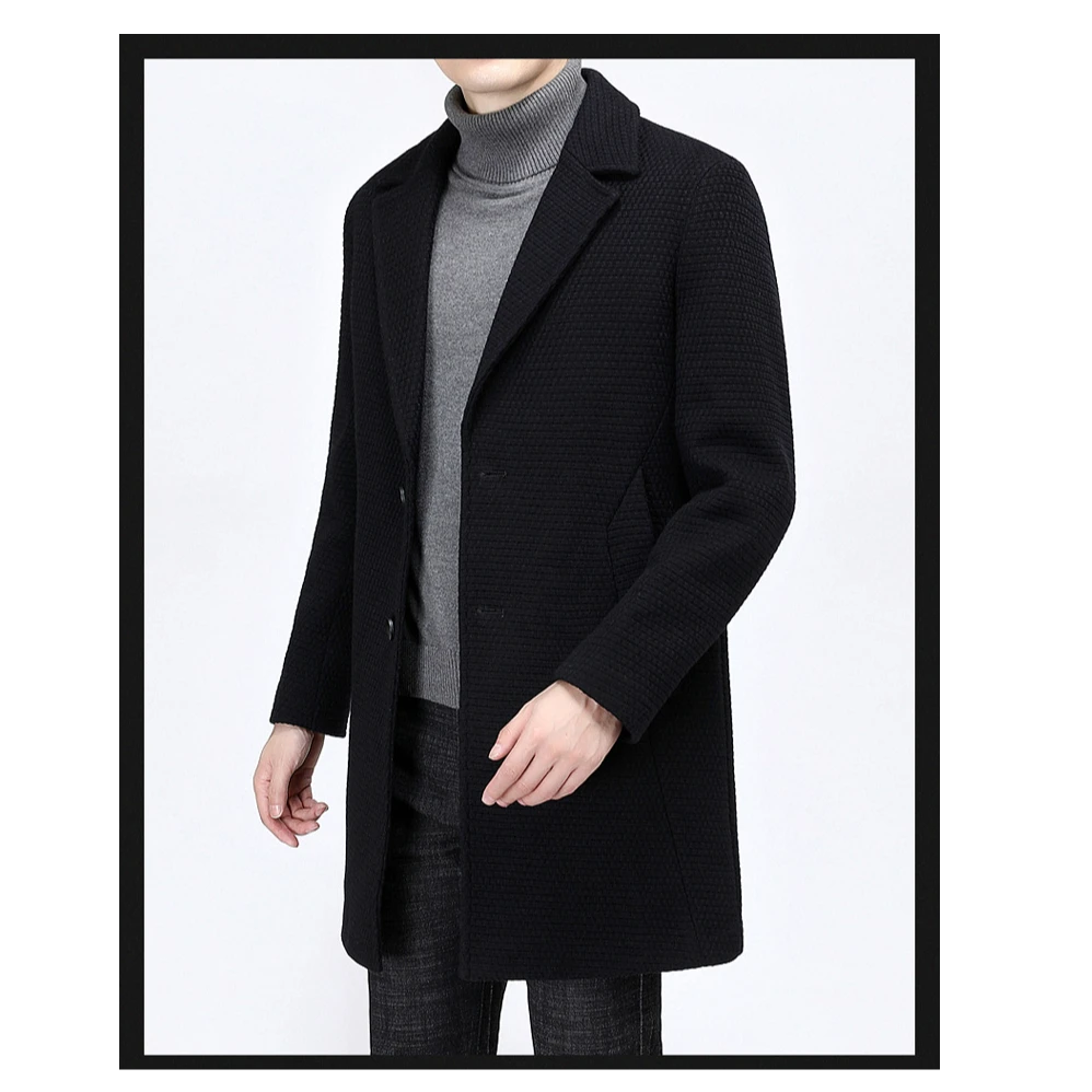 男士冬季加厚羊毛大衣黑色菠萝格编织中长黑色经典外套GS9074
