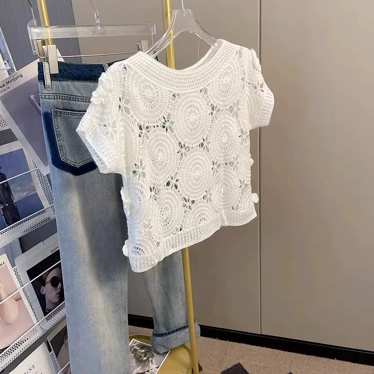 复古小香风立体镂空钩花玫瑰软糯亲肤短袖针织衫