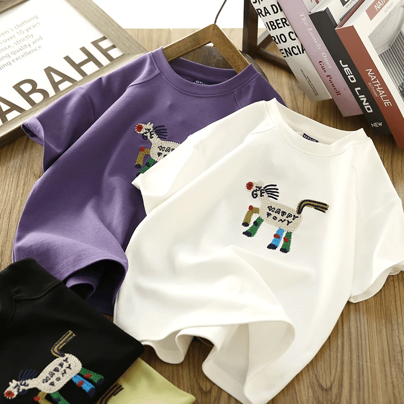 男童短袖T恤衫2025夏季新款儿童薄款卡通刺绣时尚圆领半袖汗衫潮