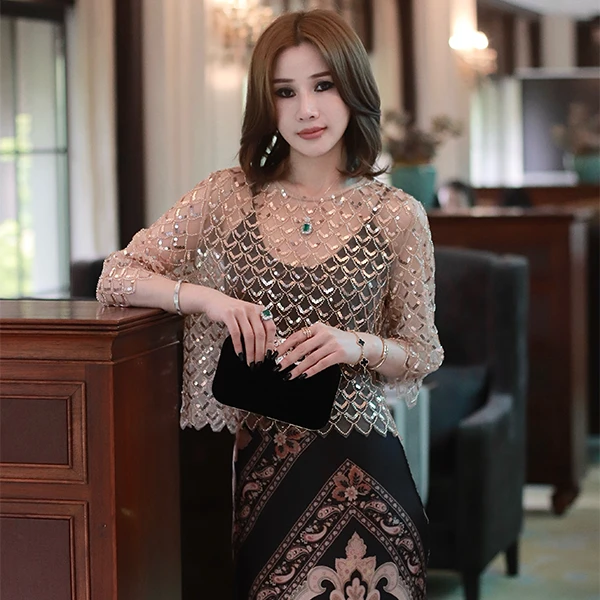 LUXURYMEMO【黑金派对】奢华香槟金订珠上衣