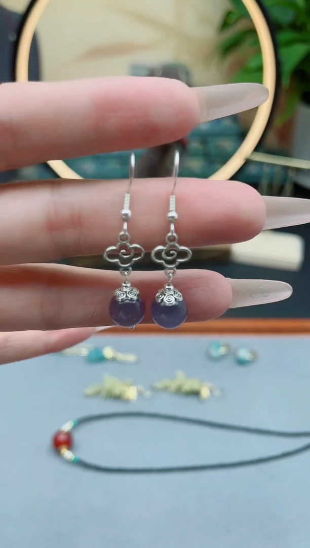 石英质玉银S925镶嵌耳饰391