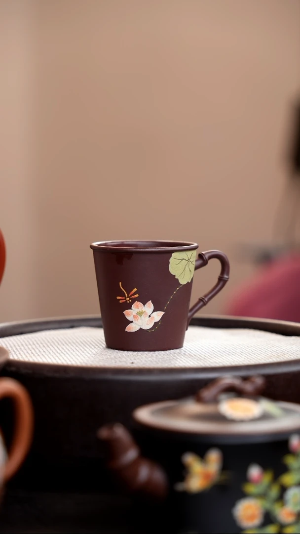 茶壶紫砂紫泥竹节手把杯荷花