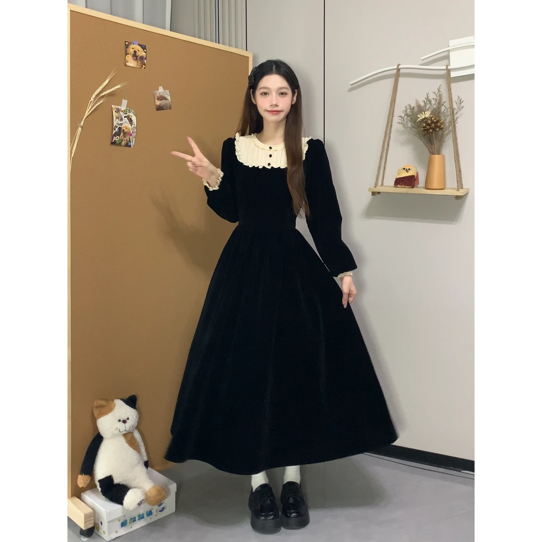 法式赫本风高级感黑色丝绒长款短款小个子连衣裙女夏季新款