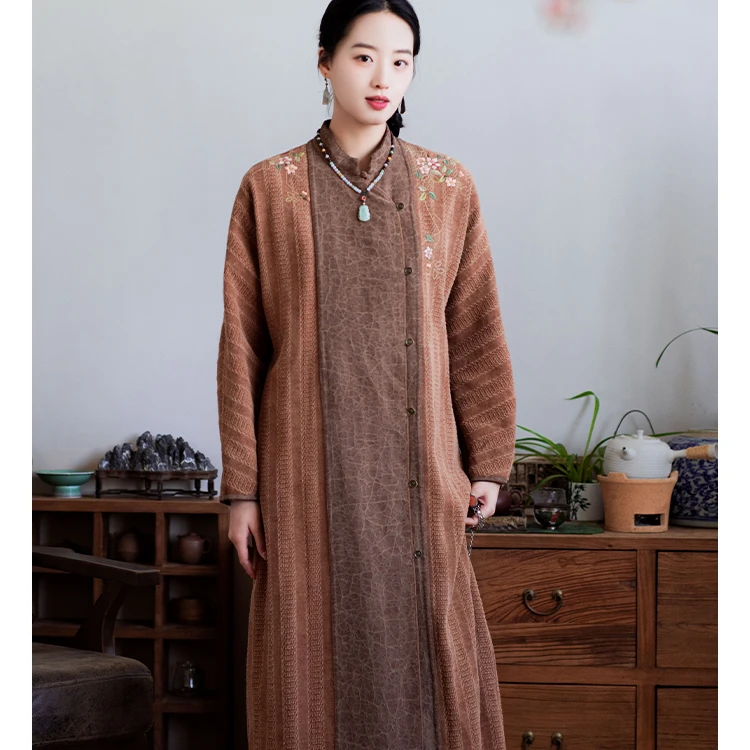 蘭襟【对酒看花笑】柞蚕丝香云纱绣花旗袍双面穿春款外套复古中式