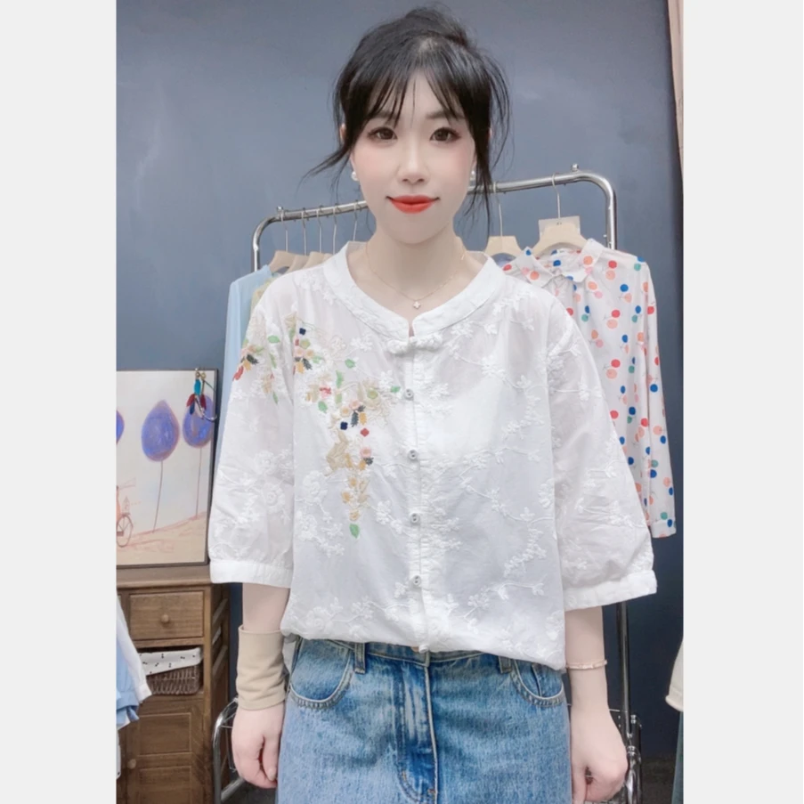 新中式国风复古盘扣小清新刺绣短袖立领纯棉中袖衬衫女装上衣