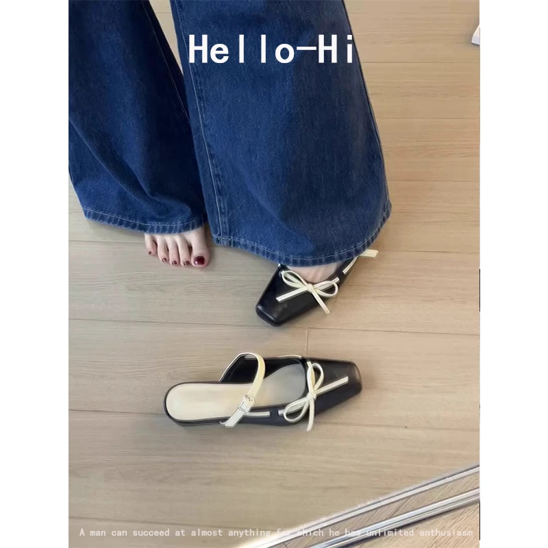 羊皮版~法式蝴蝶结包头半拖鞋女晚晚风一字带粗跟方头玛丽珍单鞋