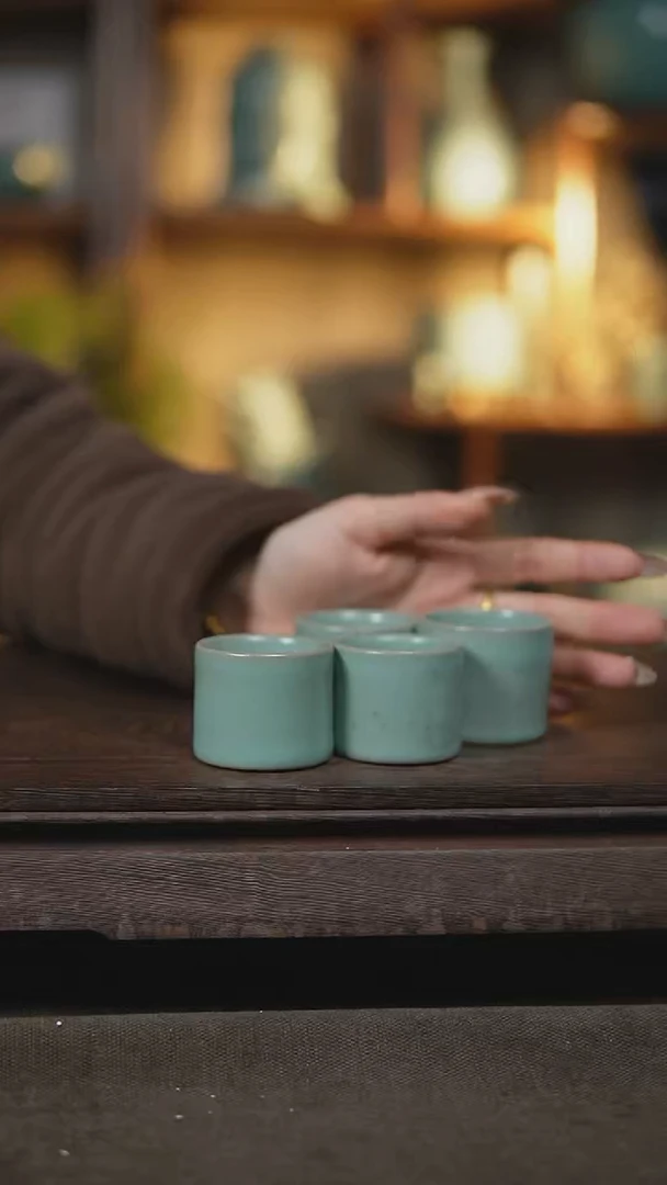 【闪购商品】杯仿古天青纯手工扳指杯大瑕4支釉薄