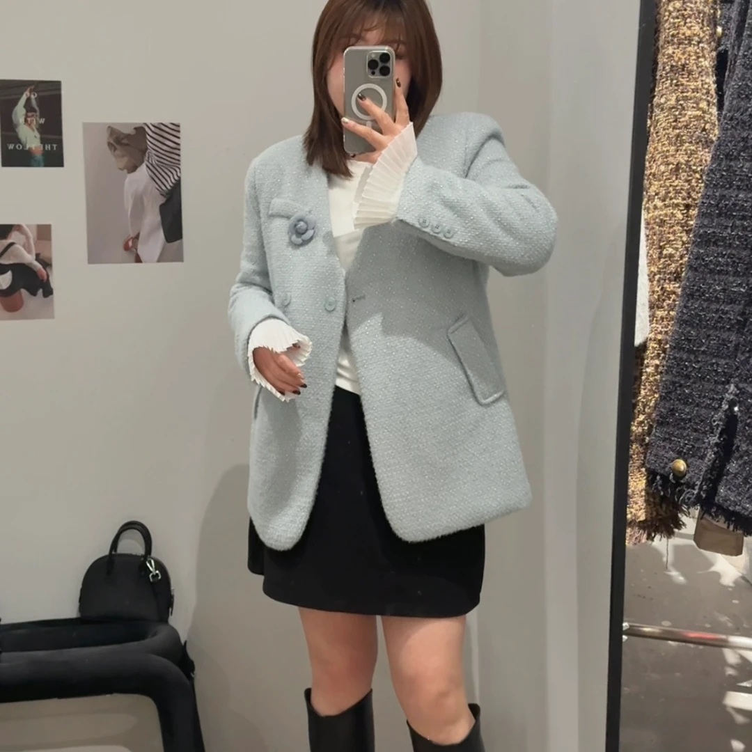 大码胖妹妹冬季新款显瘦小香风气质毛毛编织V领带蕾丝飘带外套