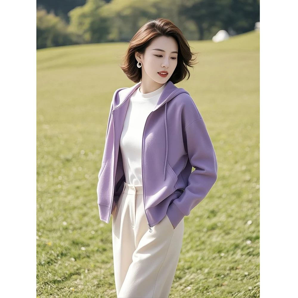 今年流行的独特超好看小个子短款休闲连帽紫色2025年新款女装外套