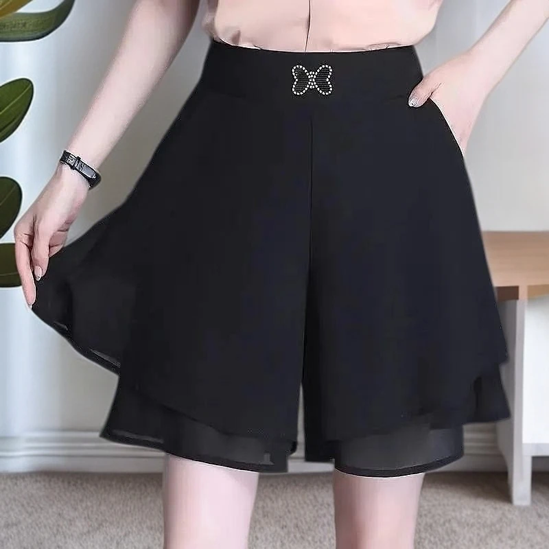 女新款显瘦雪纺夏季百搭裤裙阔腿裤松紧腰2025高腰宽松薄款五分裤