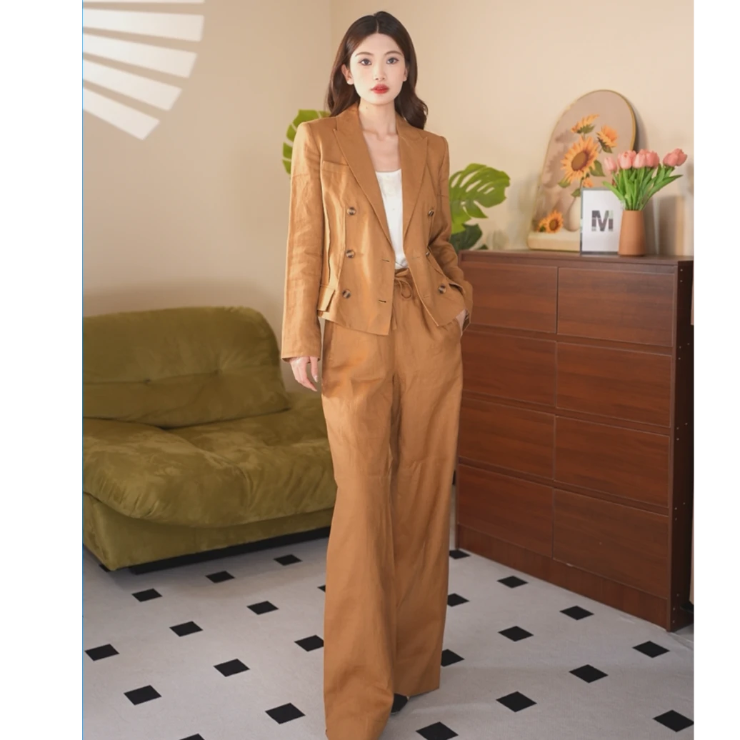 阿玛施新款夏季亚麻老钱风收腰西装西服外套休闲 5400908