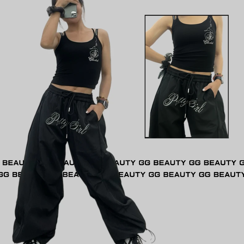 【姐依旧同款】2025春季美式刺绣褶皱宽松伞兵工装裤女设计感弯刀裤