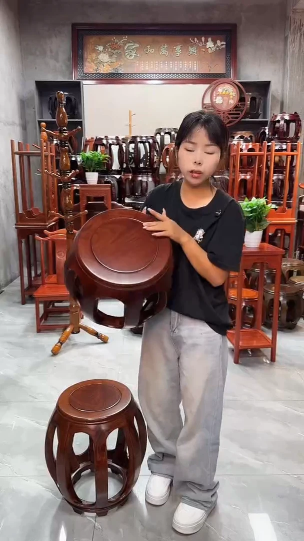 花梨木类家具 胡桃色小号鼓凳一对（两条）