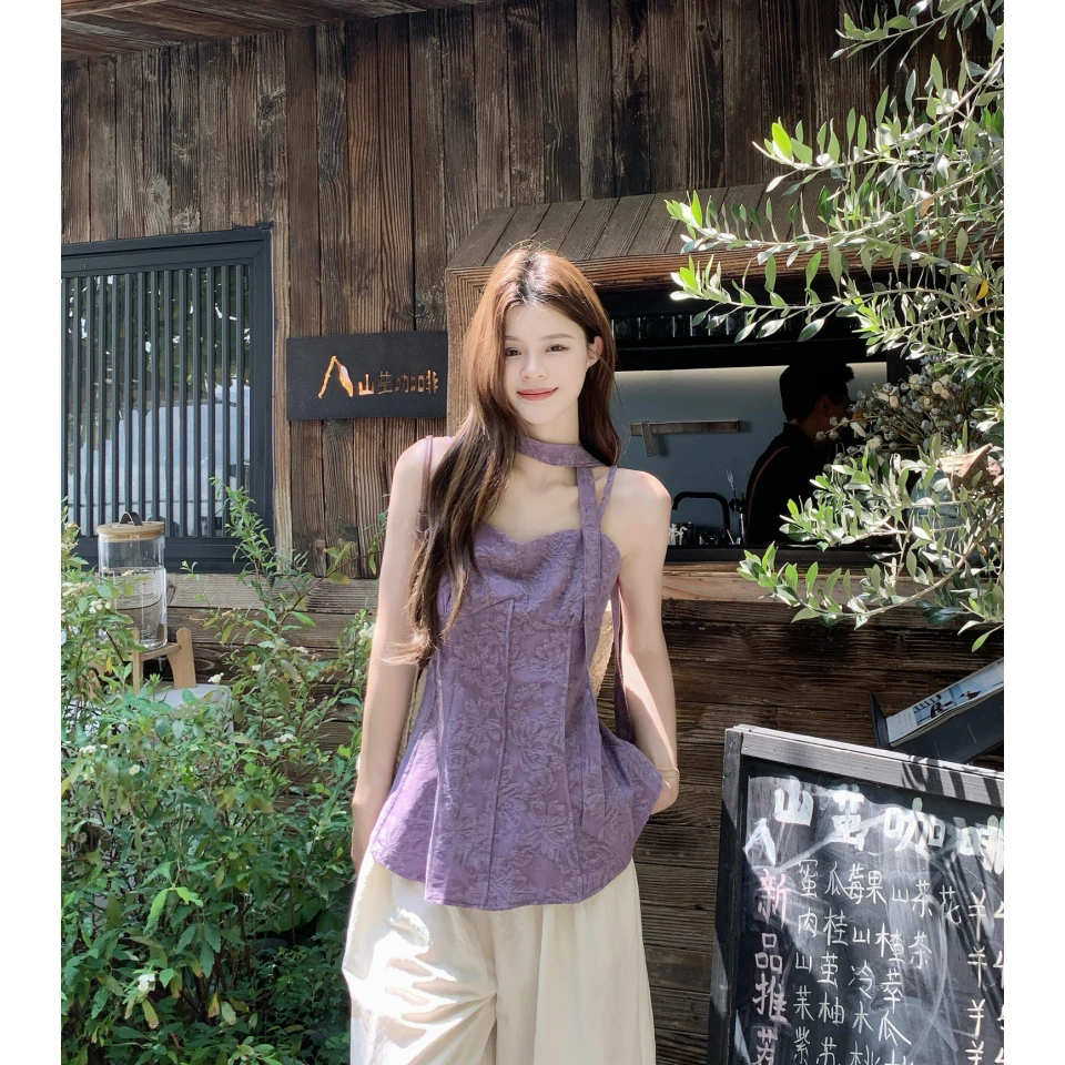 飘带挂脖紫色提花吊带背心女夏季外穿设计感压褶收腰短款无袖上衣