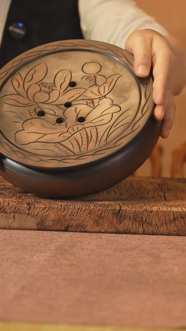 建水紫陶全手工两件套肌理荷花壶承