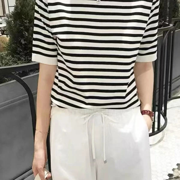 女式圆领夏季天丝三醋酸短袖针织衫时尚休闲条纹简约